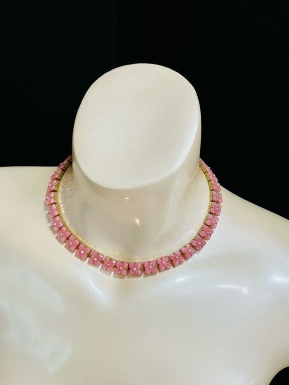 VTG Signed Czech Glass Pink Etched Floral Beaded Choker Necklace Retro Pinup